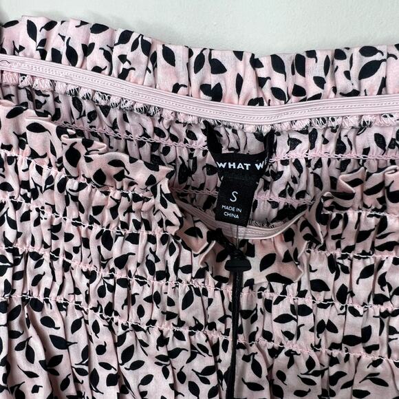 NWT Who‎ What Wear Pink Mini Leaves Smocked Puff-Sleeve Peplum Top Size S - Picture 3 of 11